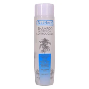 imagen de un envase de shampoo con en fondo blanco, el shampoo es un envase de color blanco y una franja azul, tiene un dibujo de una silueta de una planta de cannabis en color gris.