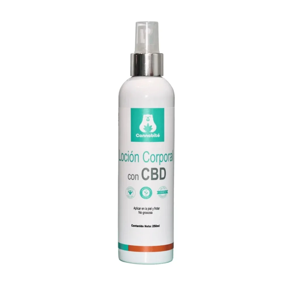 Loción muscular con CBD y mentol en fondo blanco.