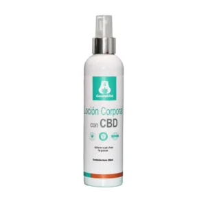 Loción muscular con CBD y mentol en fondo blanco.