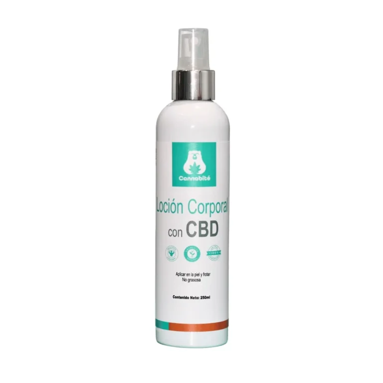 Loción muscular con CBD y mentol en fondo blanco.