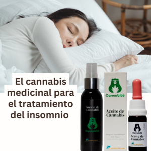 En la imagen aparece una mujer acostada abrazando la almohada a su lado. En la parte derecha de la imagen aparecen dos productos propios de cananbis house loción relajante cannabite y aceite de cannabis cannabite. La imagen también está acompañada por un texto "el cannabis medicinal para el tratamiento del insomnio.