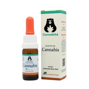 Imagen de referencia de nuestro aceite Cannabite de 10 mililitros para tomar y/o aplicar con extracto de flor de cannabis Sativa (Full Spectrum), diluido en aceite de oliva, aceite de coco, aceite de sésamo y extracto de aloe vera.