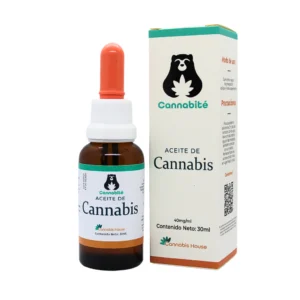 Imagen de referencia de nuestro aceite Cannabite de 30 mililitros para tomar y/o aplicar con extracto de flor de cannabis Sativa (Full Spectrum) al 4%, diluido en aceite de oliva, aceite de coco, aceite de sésamo y extracto de aloe vera.