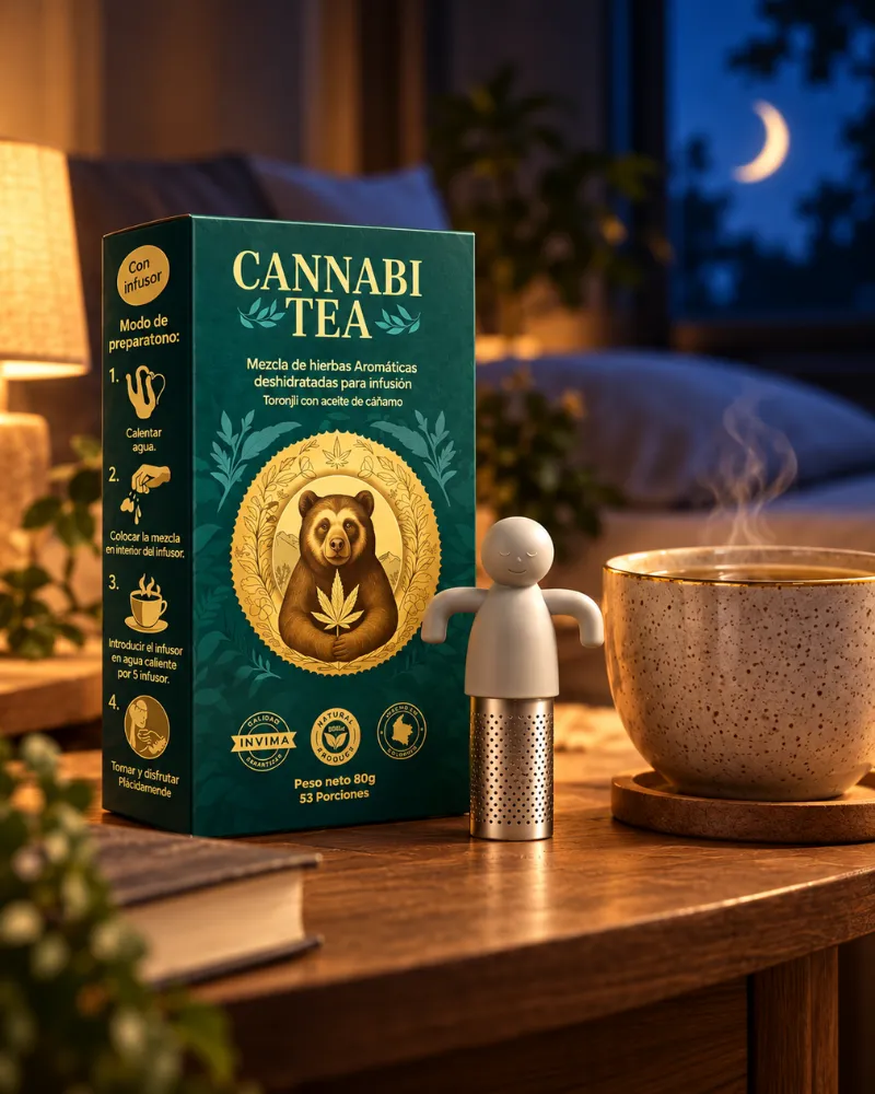 Cannabi Tea con infusor y una taza de infusión en un ambiente nocturno